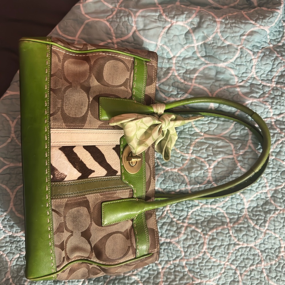 Coach Stylish Green and Brown Women's Tote Bag